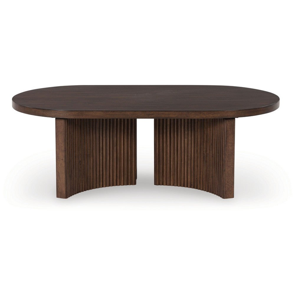 Jeno Coffee Table | 51" Oval | 4 Curved Reeded Plinth Bases | Brown Wood