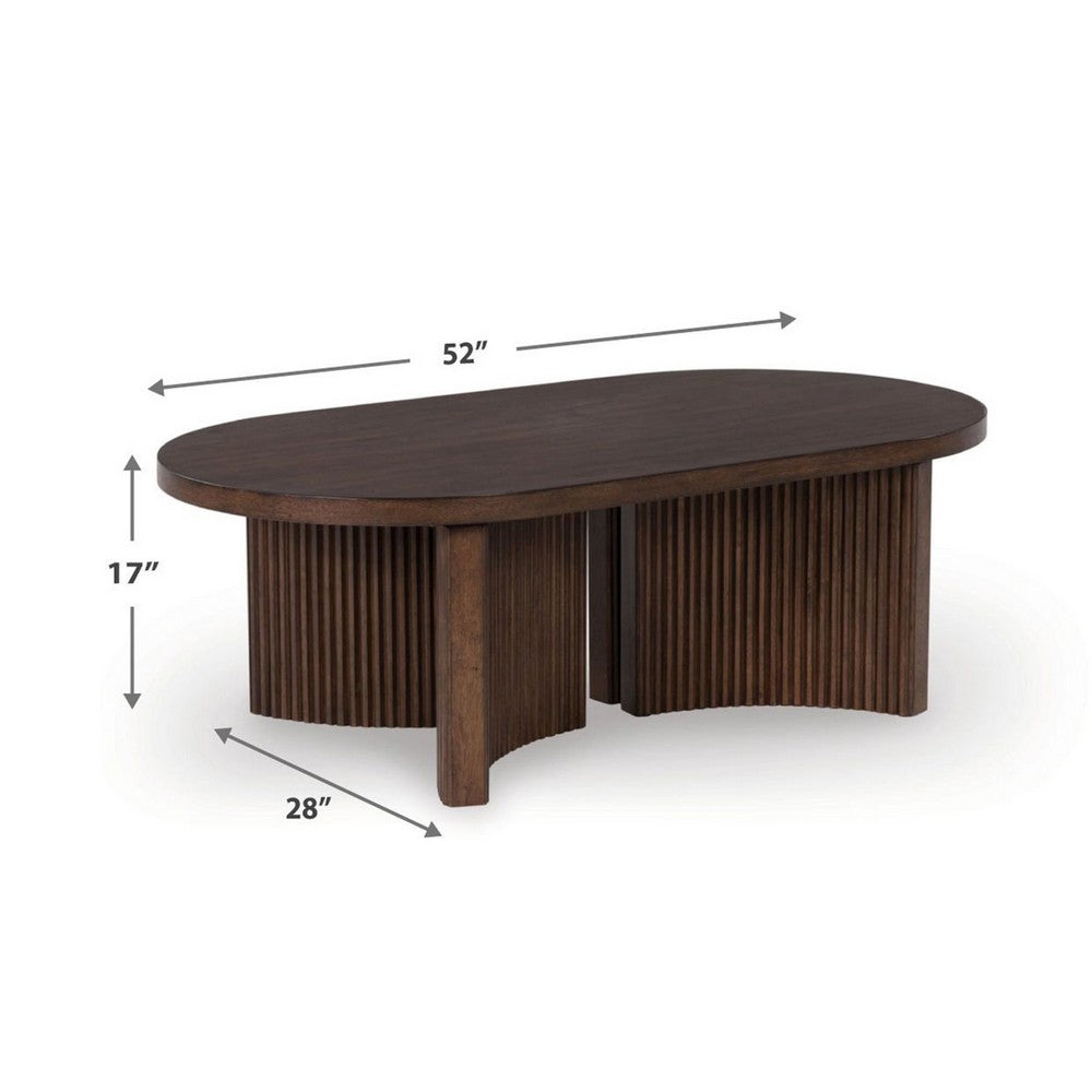 Jeno Coffee Table | 51" Oval | 4 Curved Reeded Plinth Bases | Brown Wood