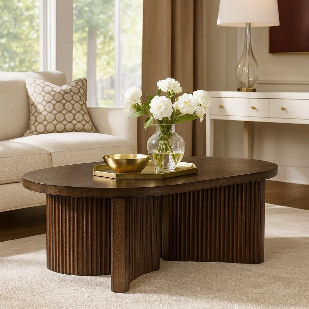 Jeno Coffee Table | 51" Oval | 4 Curved Reeded Plinth Bases | Brown Wood