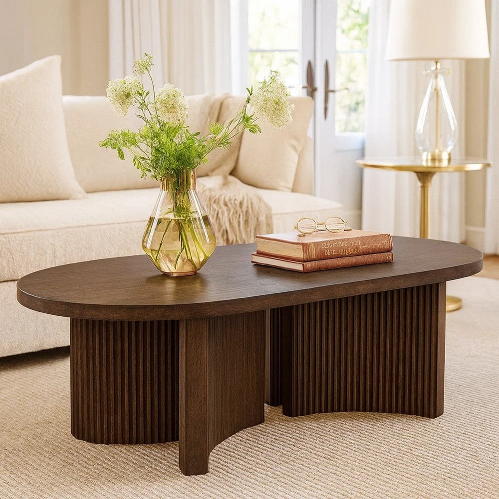 Jeno Coffee Table | 51" Oval | 4 Curved Reeded Plinth Bases | Brown Wood