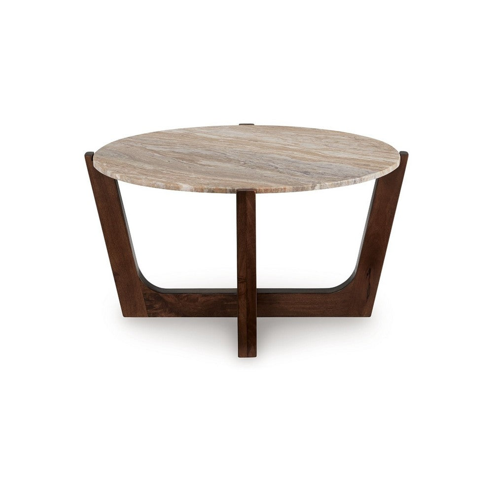 Dore Coffee Table | 36" Round Marble Top | Angled Legs | Brown Wood