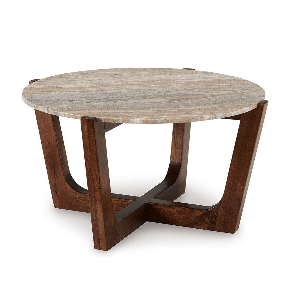 Dore Coffee Table | 36" Round Marble Top | Angled Legs | Brown Wood
