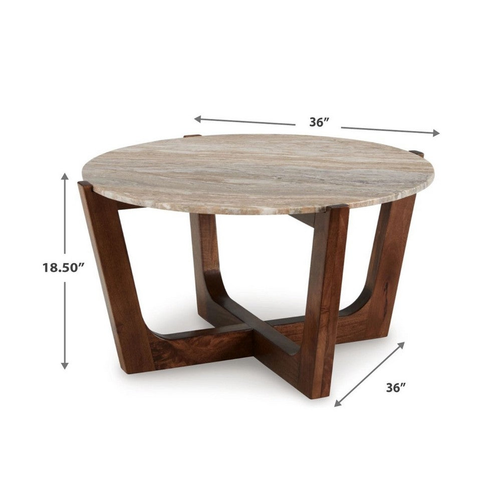 Dore Coffee Table | 36" Round Marble Top | Angled Legs | Brown Wood
