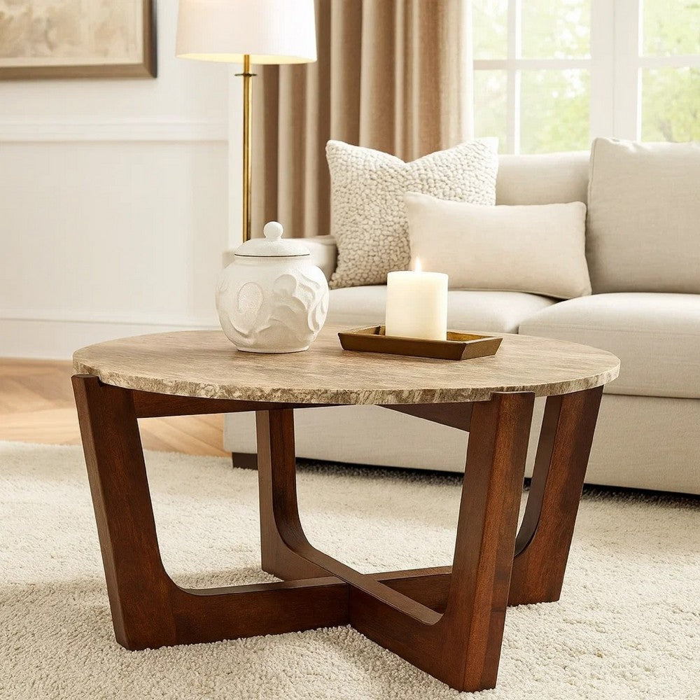 Dore Coffee Table | 36" Round Marble Top | Angled Legs | Brown Wood