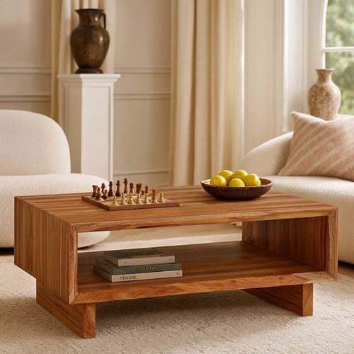 Donni Coffee Table w Shelf | 46" Rectangular | Panel Legs | Brown Wood