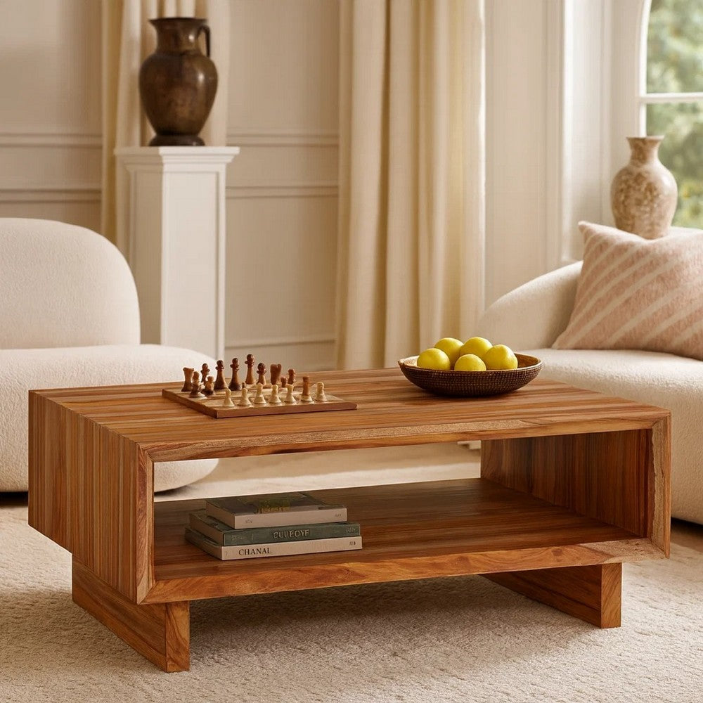 Donni Coffee Table w Shelf | 46" Rectangular | Panel Legs | Brown Wood