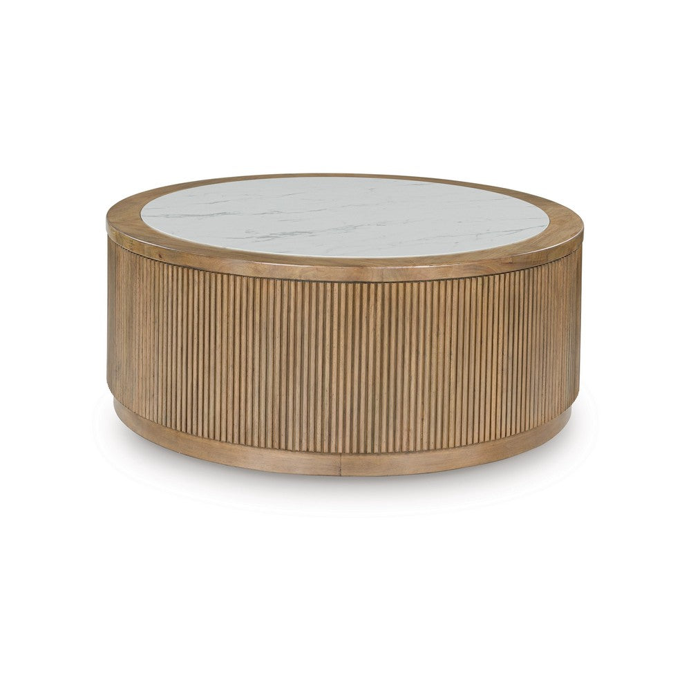 Dill Coffee Table on Caster Wheels | 42" Round Faux Marble | Reeded Brown