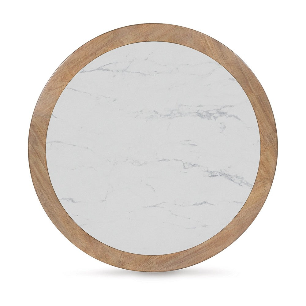 Dill Coffee Table on Caster Wheels | 42" Round Faux Marble | Reeded Brown