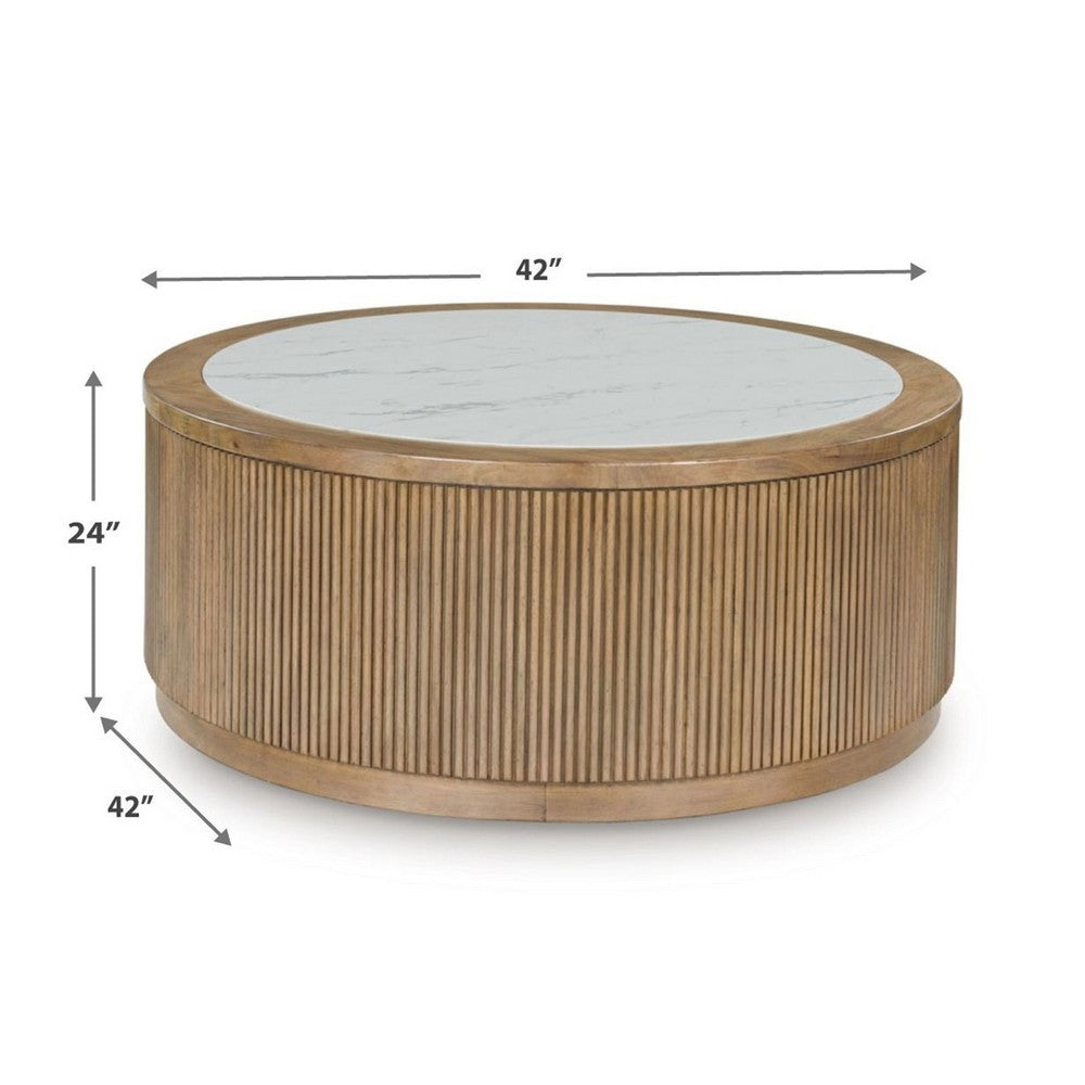 Dill Coffee Table on Caster Wheels | 42" Round Faux Marble | Reeded Brown