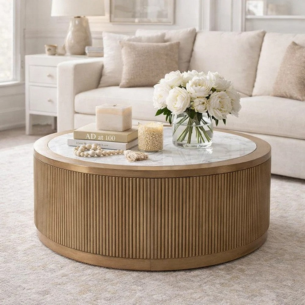 Dill Coffee Table on Caster Wheels | 42" Round Faux Marble | Reeded Brown
