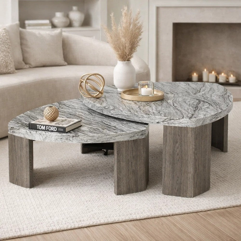 Morey Nesting Stacked Coffee Table Set | Gray Faux Marble | Cantilever