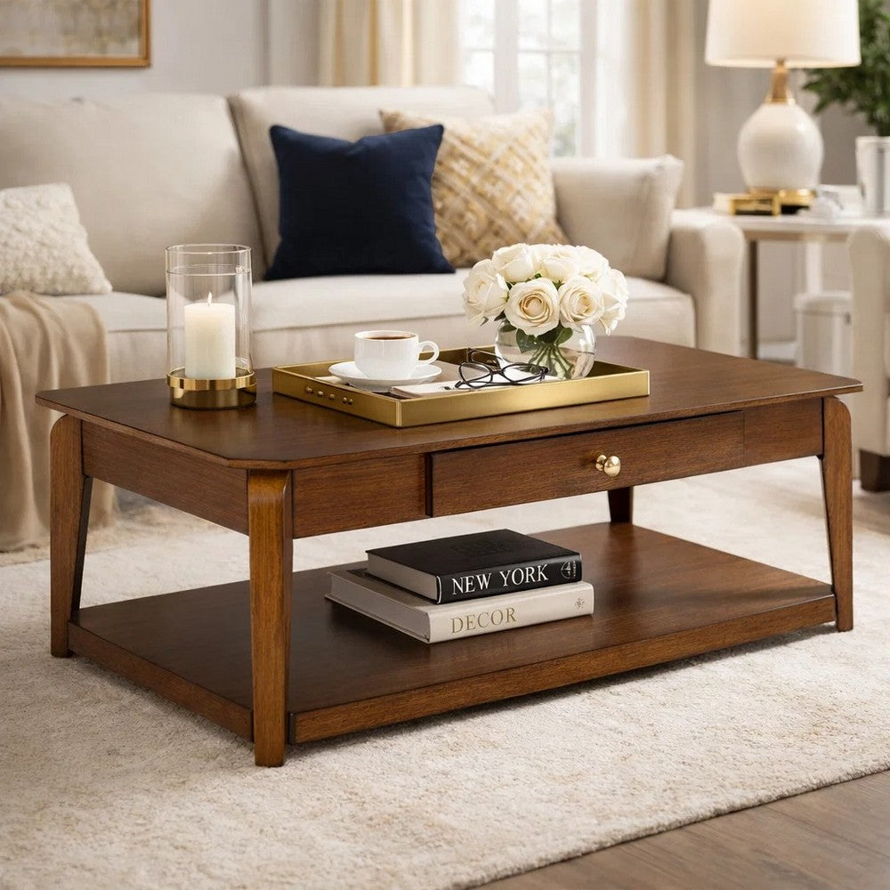 Mour Coffee Table w Casters & Drawer | 50" Rectangular | Brown
