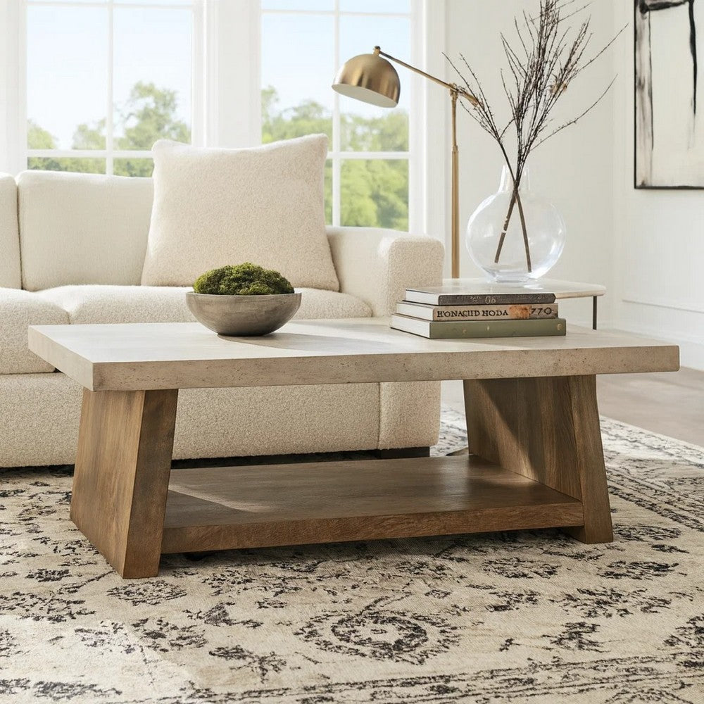 Beda Coffee Table w Casters | Shelf | 48" Rectangular | Brown Wood