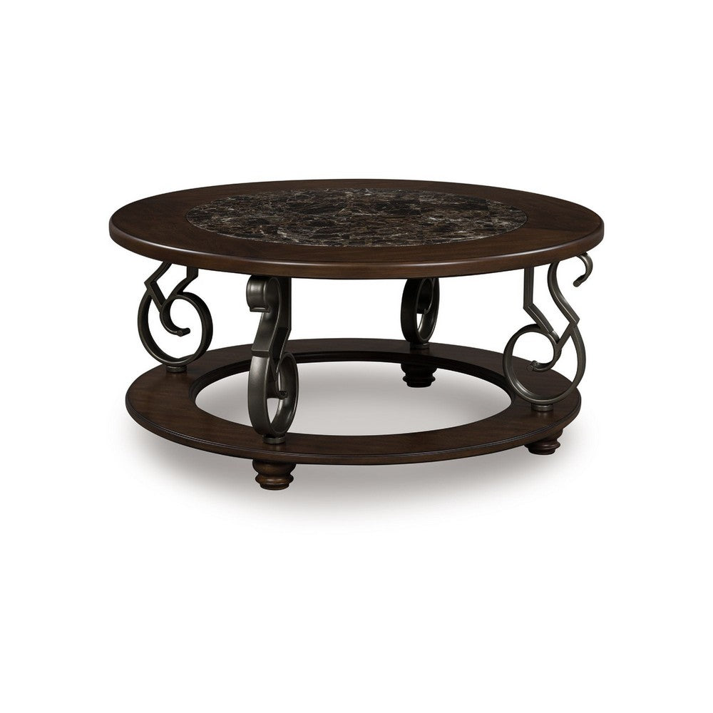 Falu Coffee Table | 42" Round Faux Marble Top | Classic Scrolled | Brown