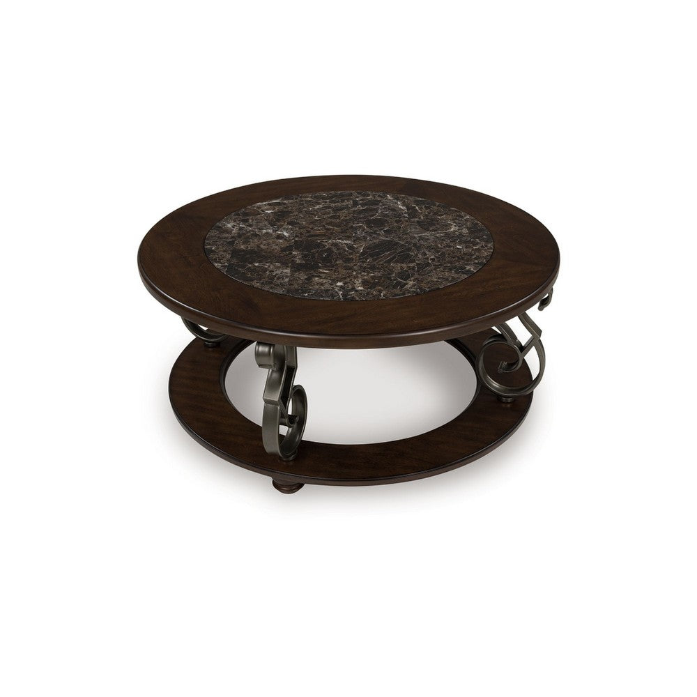Falu Coffee Table | 42" Round Faux Marble Top | Classic Scrolled | Brown