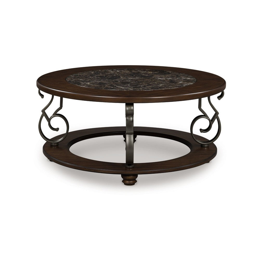 Falu Coffee Table | 42" Round Faux Marble Top | Classic Scrolled | Brown