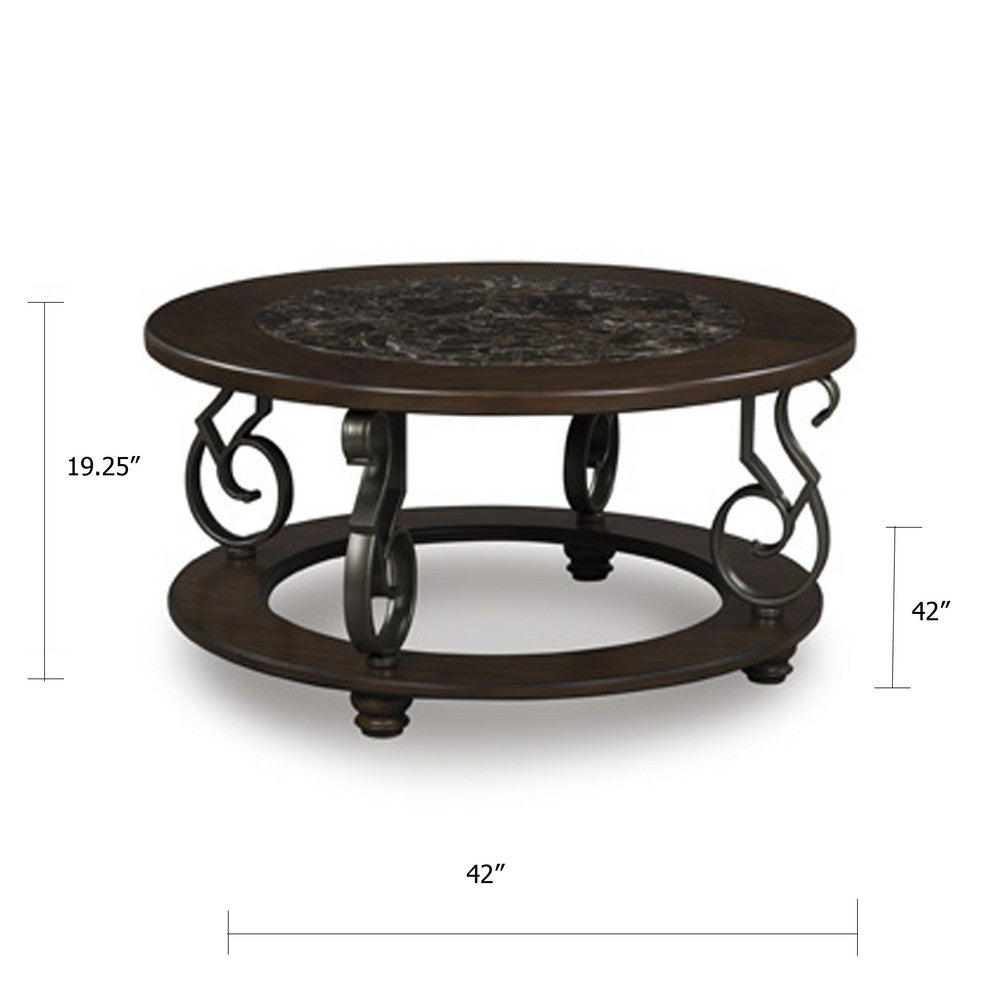 Falu Coffee Table | 42" Round Faux Marble Top | Classic Scrolled | Brown