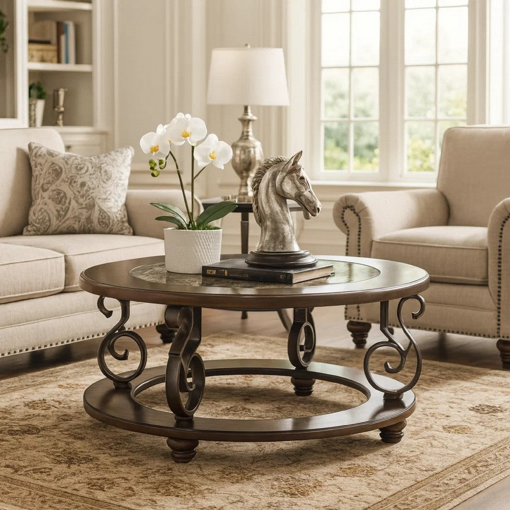 Falu Coffee Table | 42" Round Faux Marble Top | Classic Scrolled | Brown