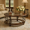 Falu Coffee Table | 42" Round Faux Marble Top | Classic Scrolled | Brown
