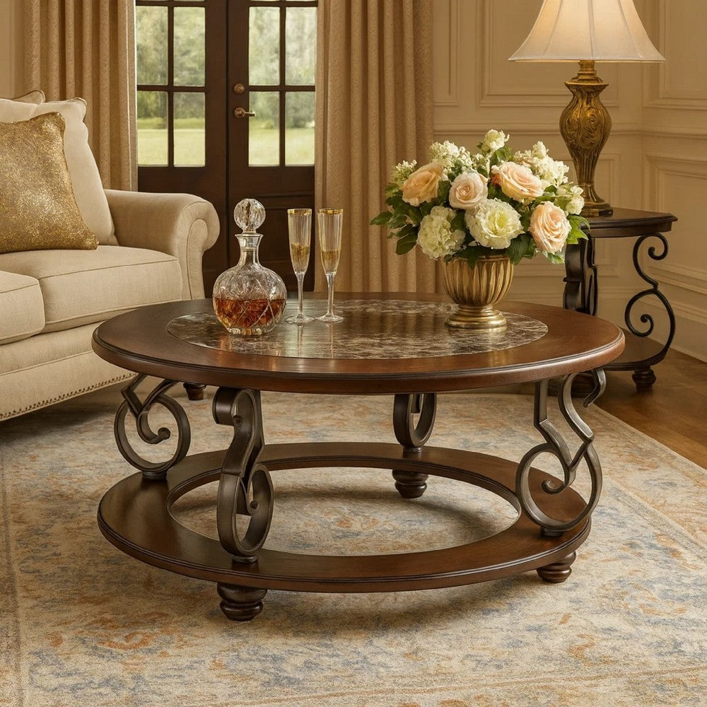 Falu Coffee Table | 42" Round Faux Marble Top | Classic Scrolled | Brown
