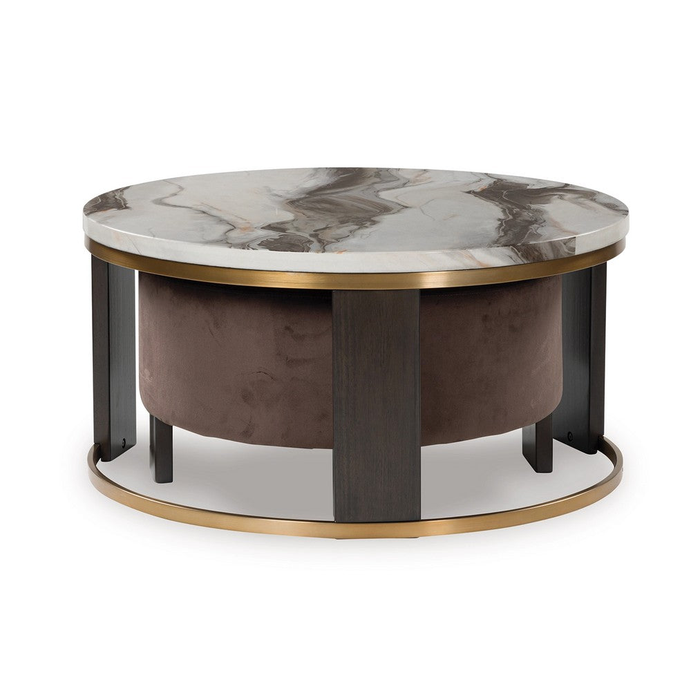 Poim 2pc Nesting Coffee Table & Ottoman Set | White Marble | Brown Velvet