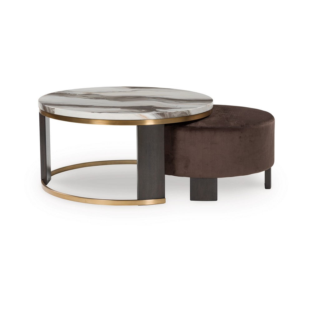 Poim 2pc Nesting Coffee Table & Ottoman Set | White Marble | Brown Velvet