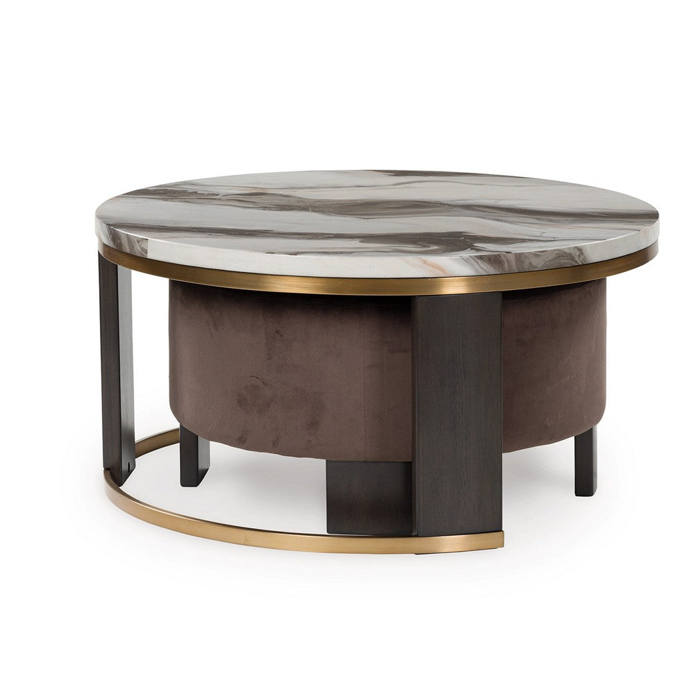 Poim 2pc Nesting Coffee Table & Ottoman Set | White Marble | Brown Velvet
