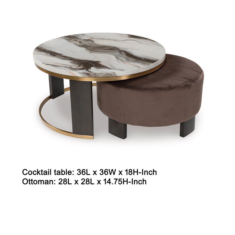 Poim 2pc Nesting Coffee Table & Ottoman Set | White Marble | Brown Velvet