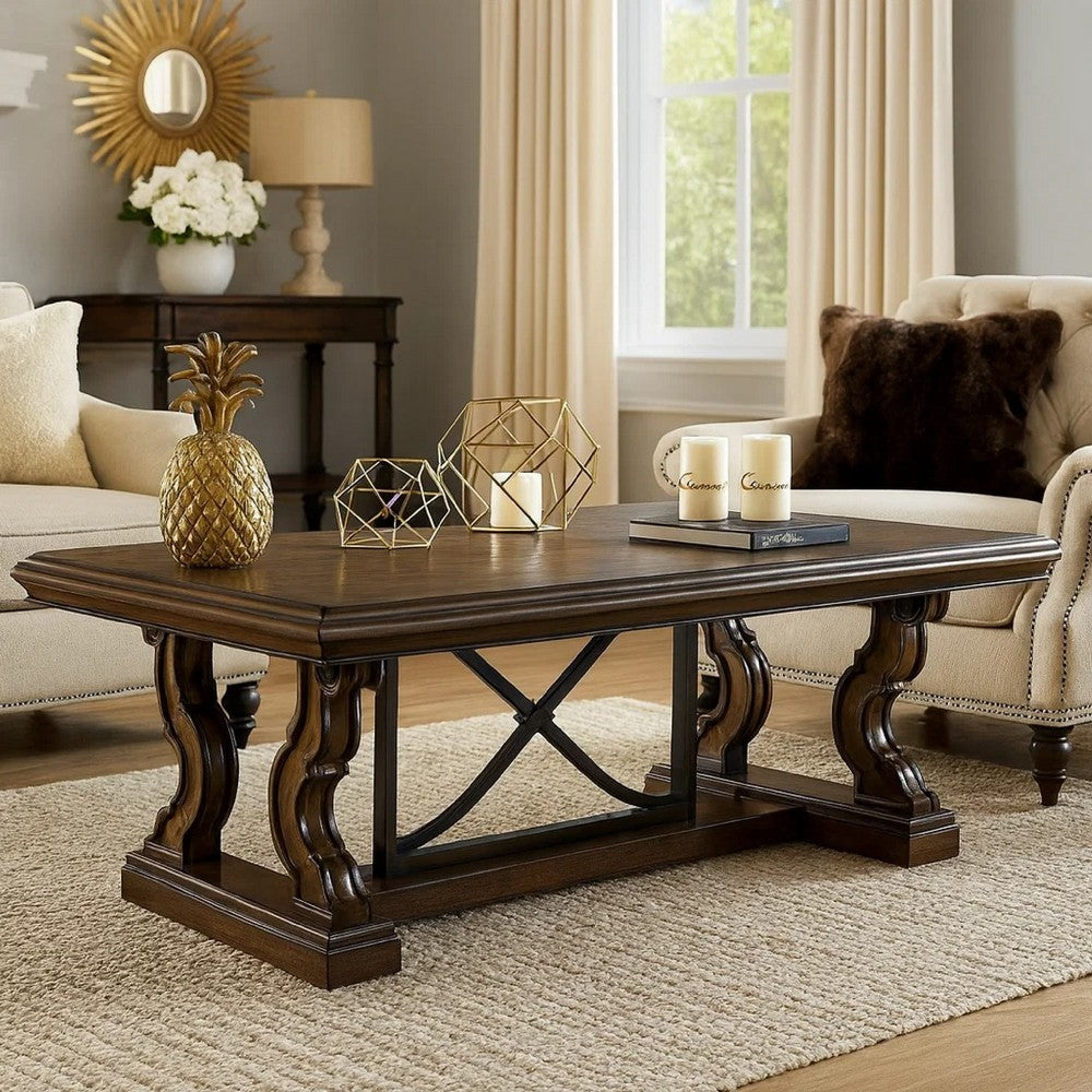 May 56" Rectangular Coffee Table | Elegant Scrolled Base | Brown
