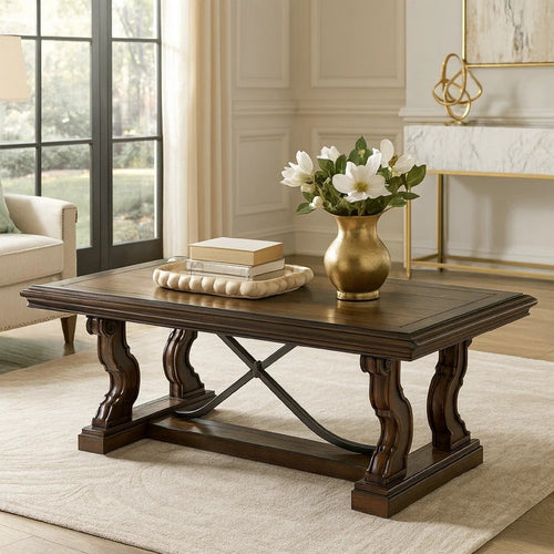 May 56" Rectangular Coffee Table | Elegant Scrolled Base | Brown