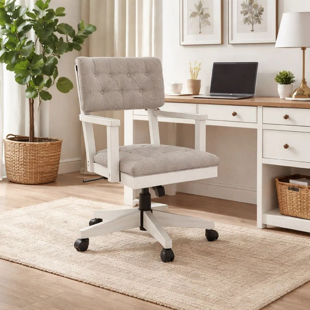 Lea Rolling Office Chair | Adjustable Height | Light Gray Tufted Open Back
