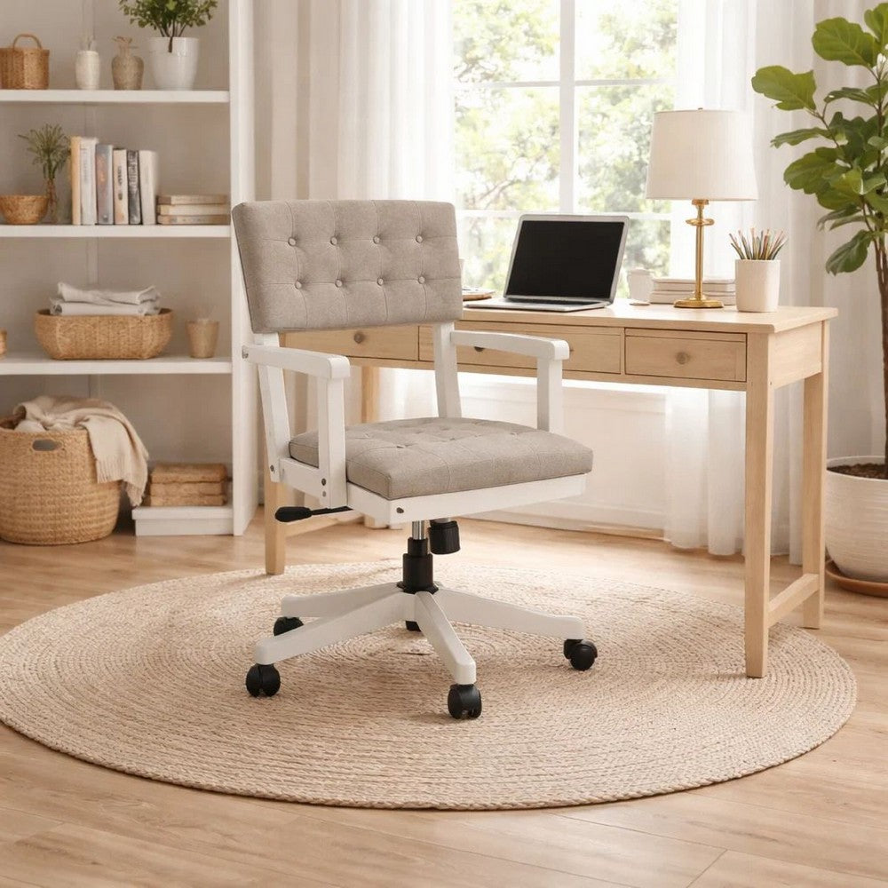 Lea Rolling Office Chair | Adjustable Height | Light Gray Tufted Open Back