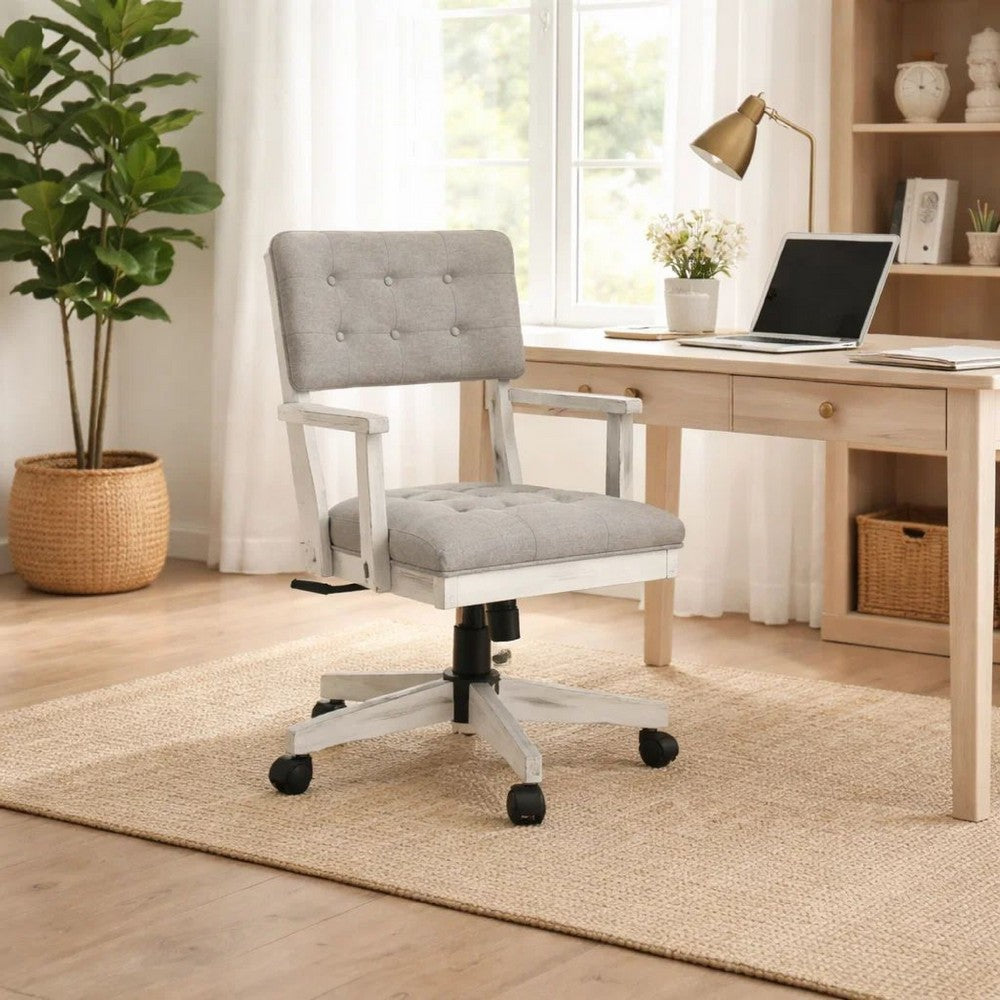 Lea Rolling Office Chair | Adjustable Height | Light Gray Tufted Open Back