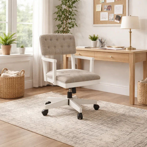 Lea Rolling Office Chair | Adjustable Height | Light Gray Tufted Open Back