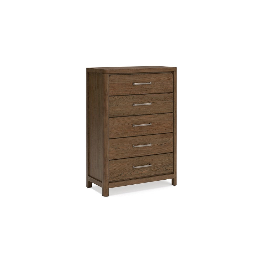 Cabal Tall Dresser Chest | 5 Drawers w Pewter Gray Handles | Light Brown