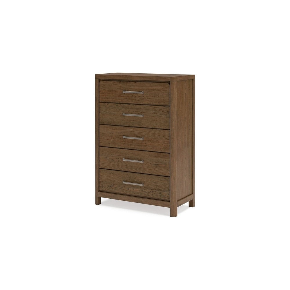 Cabal Tall Dresser Chest | 5 Drawers w Pewter Gray Handles | Light Brown