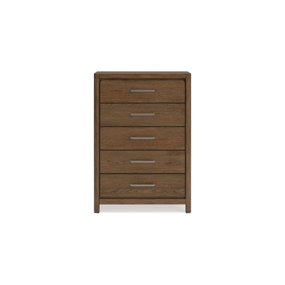 Cabal Tall Dresser Chest | 5 Drawers w Pewter Gray Handles | Light Brown