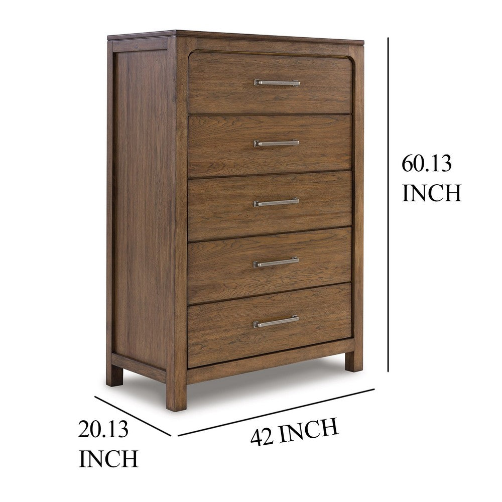Cabal Tall Dresser Chest | 5 Drawers w Pewter Gray Handles | Light Brown