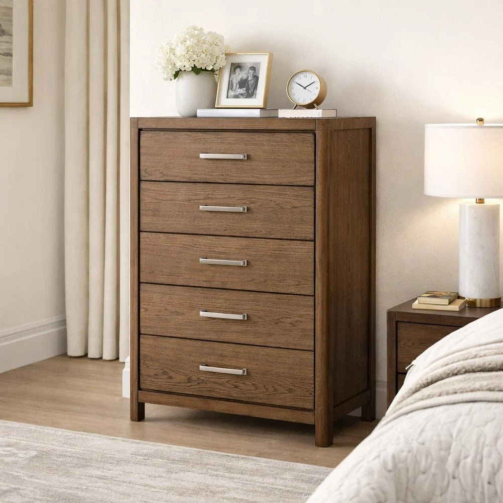 Cabal Tall Dresser Chest | 5 Drawers w Pewter Gray Handles | Light Brown