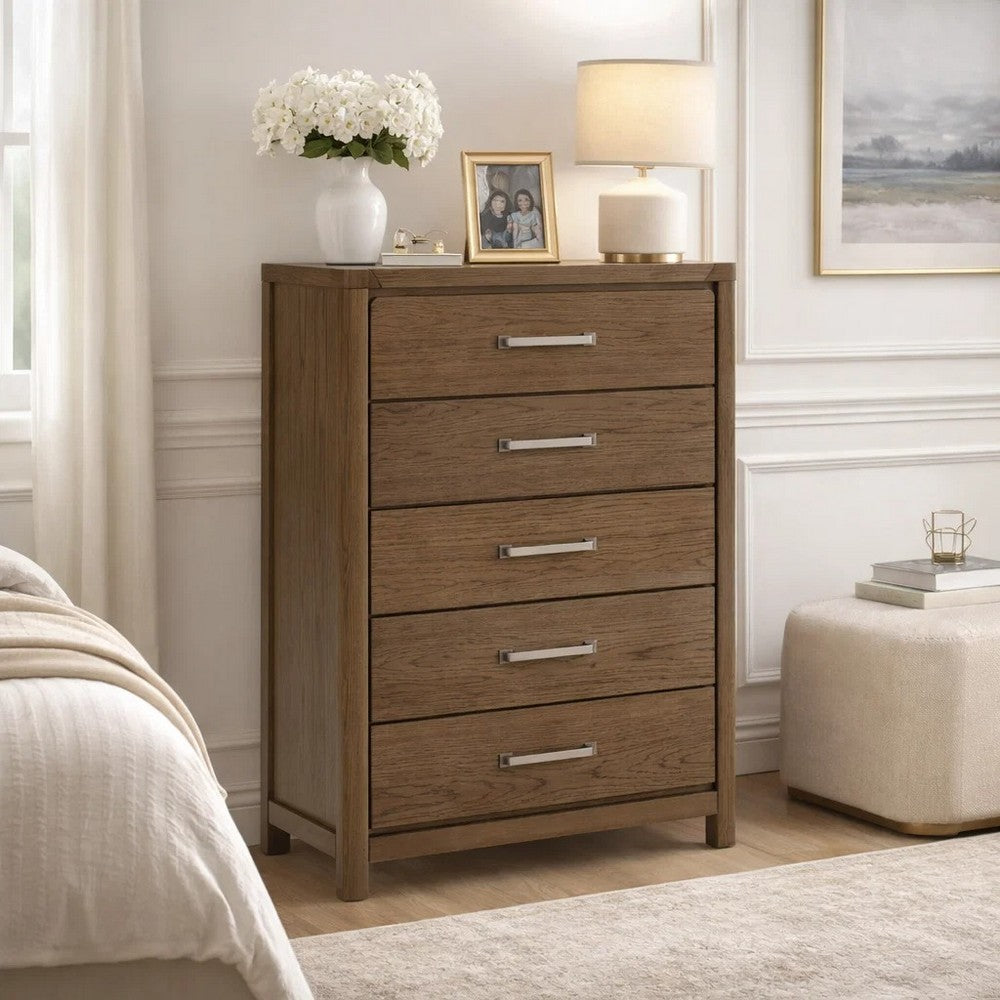 Cabal Tall Dresser Chest | 5 Drawers w Pewter Gray Handles | Light Brown