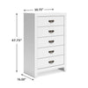 Feo Tall Dresser Chest | 5 Drawers w Dark Bronze Drop Handles | White