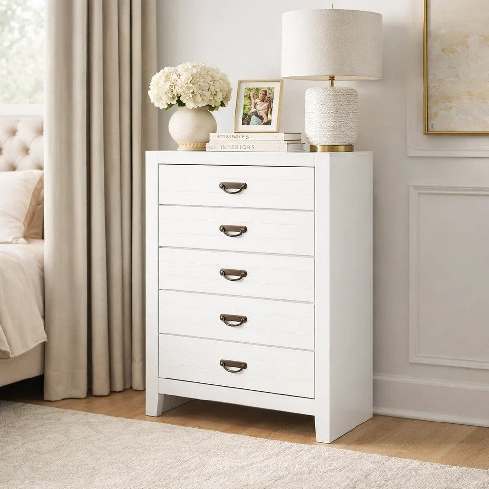 Feo Tall Dresser Chest | 5 Drawers w Dark Bronze Drop Handles | White