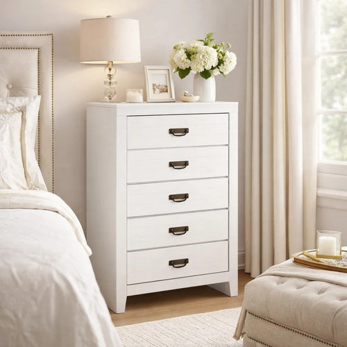 Feo Tall Dresser Chest | 5 Drawers w Dark Bronze Drop Handles | White