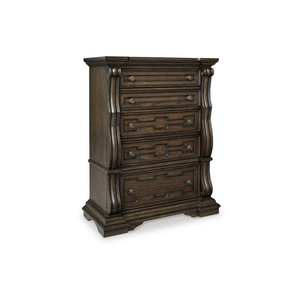 May Tall Dresser Chest | 5 Drawers w Antique Gold Knobs | Dark Brown