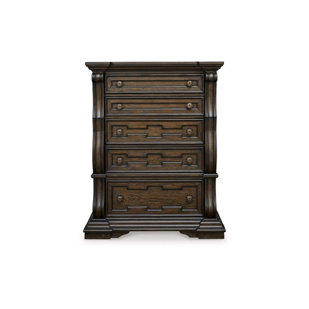 May Tall Dresser Chest | 5 Drawers w Antique Gold Knobs | Dark Brown