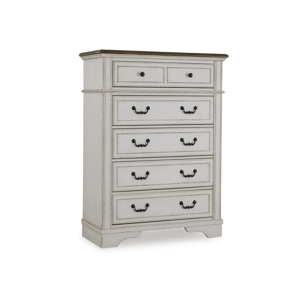 Bely Tall Dresser Chest | 5 Drawers | Chipped White | Farmhouse Brown Top