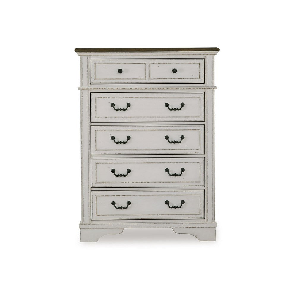 Bely Tall Dresser Chest | 5 Drawers | Chipped White | Farmhouse Brown Top