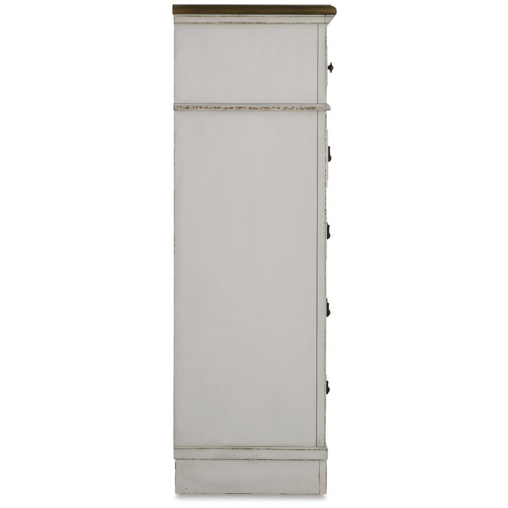 Bely Tall Dresser Chest | 5 Drawers | Chipped White | Farmhouse Brown Top