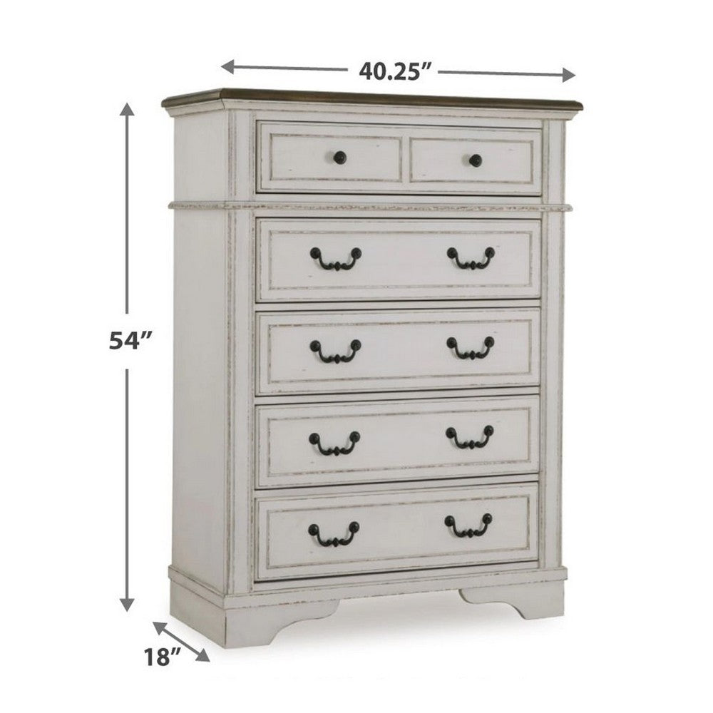 Bely Tall Dresser Chest | 5 Drawers | Chipped White | Farmhouse Brown Top