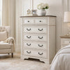 Bely Tall Dresser Chest | 5 Drawers | Chipped White | Farmhouse Brown Top